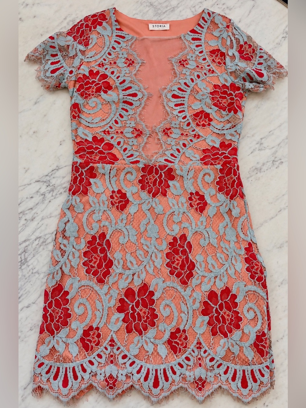 Storia Coral Dress with Red Floral & Light Blue Lace